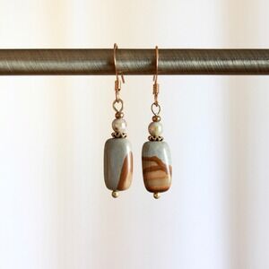 Handmade Picture Jasper Stone Dangle Earrings Brown Grey Boho Desert Jewelry